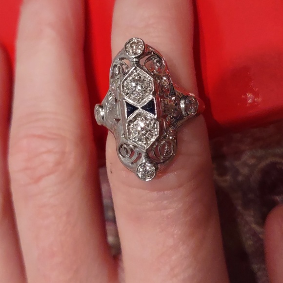 Old European cut Diamond Ring 18kt white gold north south Design - Picture 6 of 16